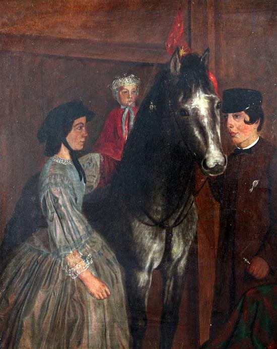 19th century English School Naive portrait of a child upon a horse, flanked by attendants, 25 x 21in.